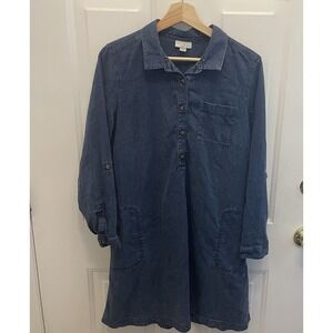 J Jill Blue Denim Dress Womens Large Petite Lightweight Casual‎ Roll Tab Preppy